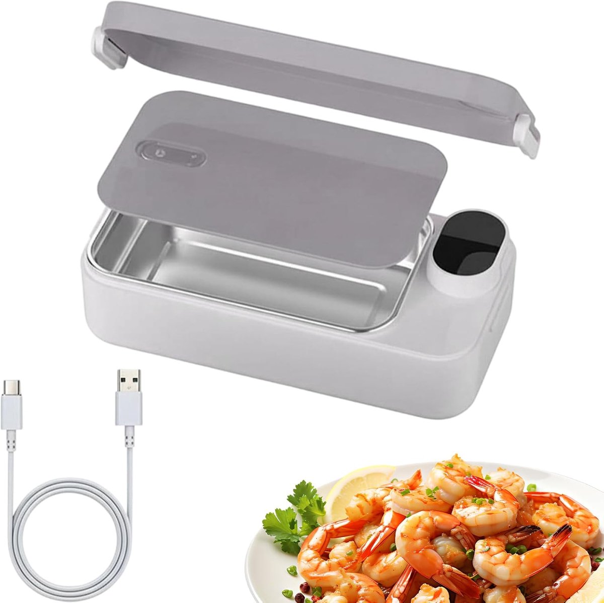 Opwarmende Lunchbox - Draagbare Warmer - Warme Maaltijden Onderweg - Oplaadbaar Draadloos - 900 ml Capaciteit - Grijs