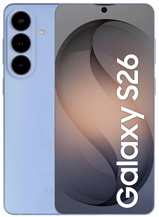 Voor- en achterkant van een Samsung Galaxy S26 in hemelsblauw, met camera's en tekst 'Galaxy S26'.
