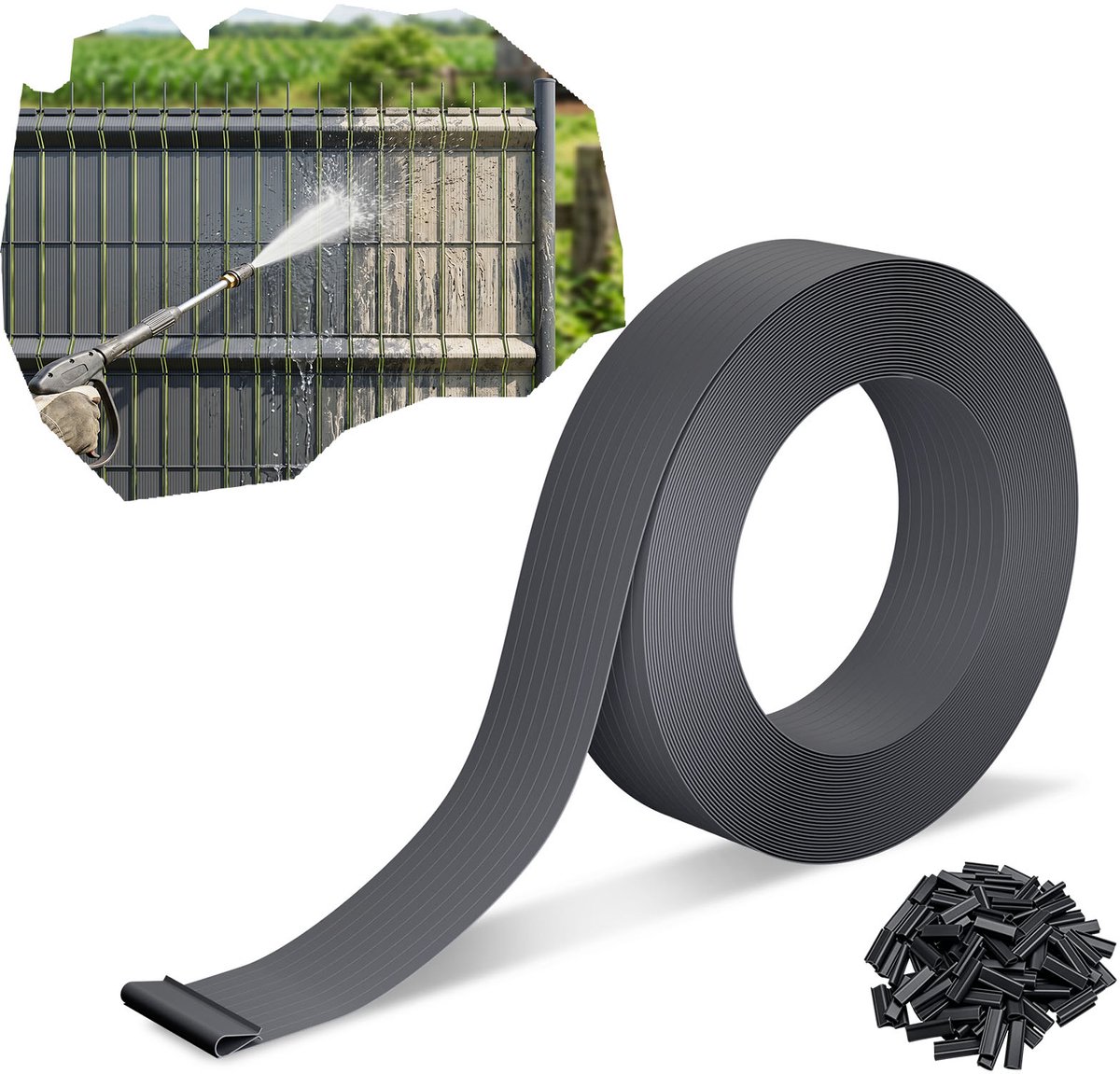 Froadp Antraciet 105 m Premium PVC-privacystroken 4,7 cm voor dubbele staafmatten, weerbestendig, UV-bestendig, scheurvast, ondoorzichtige windbescherming voor tuin, balkon en terras, inclusief clips