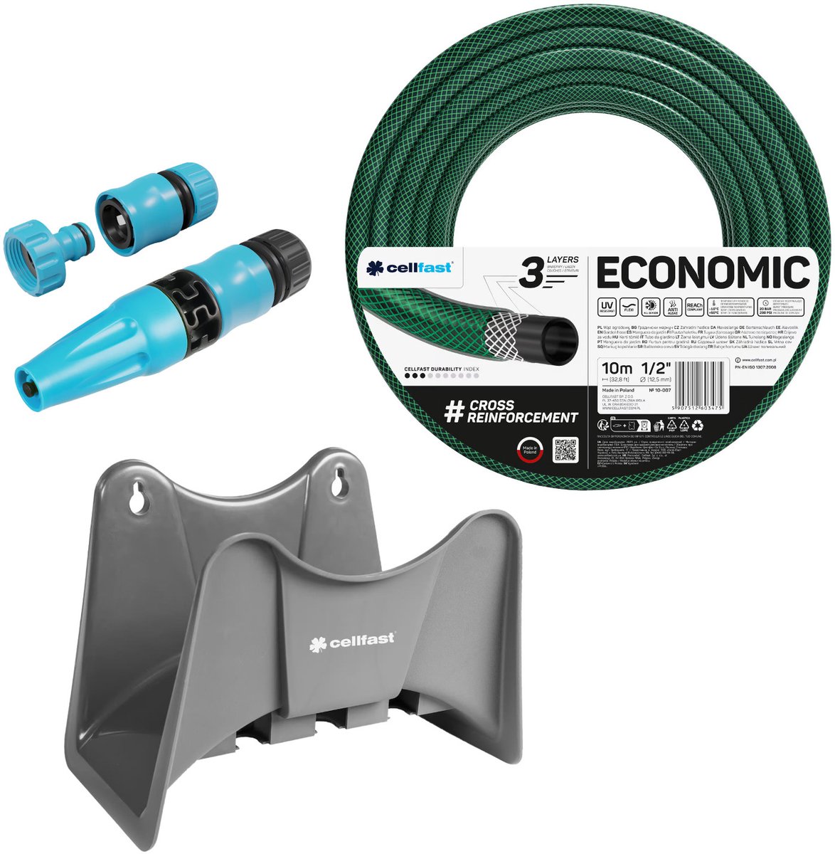 Cellfast Economic tuinslang 1/2" 10 m + Cellfast slanghouder grijs + set met Cellfast Basic rechte sproeikop 1/2