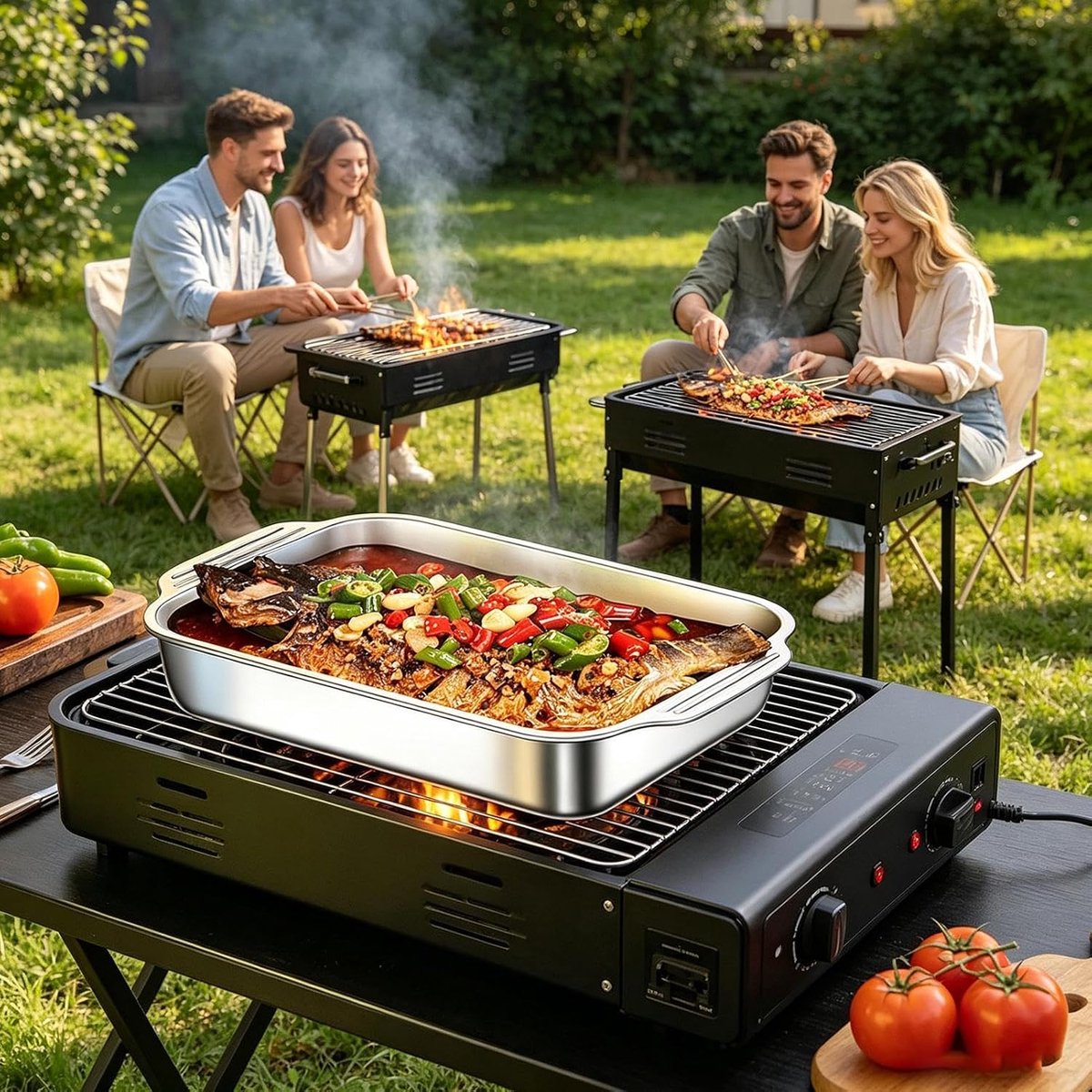 Grillplaat Roestvrij Staal Braadslede Deksel Buiten Koken Verdikt Materiaal 41x24.5x7.5cm Zilver