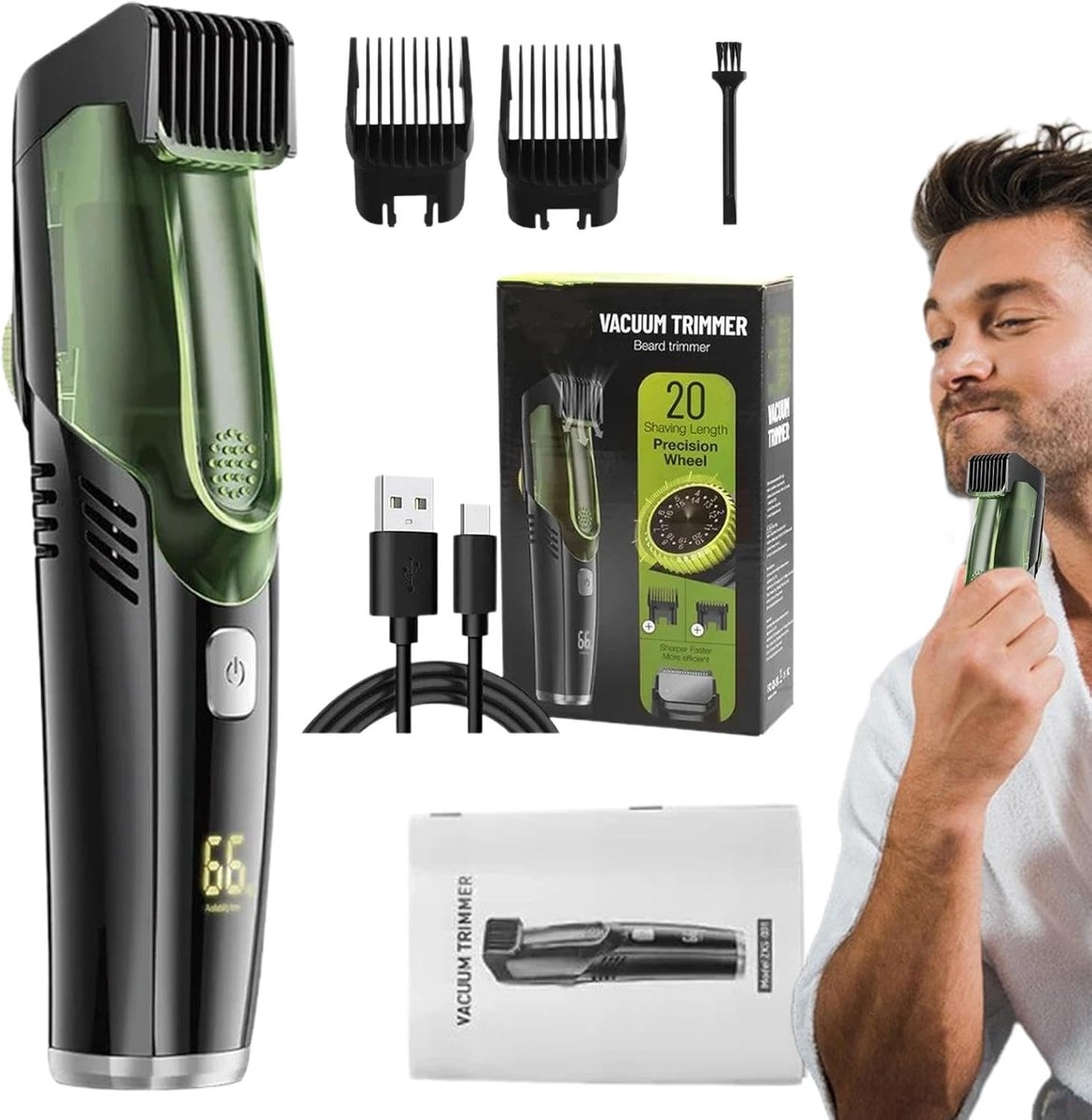 Baardtrimmer voor mannen - Elektrische tondeuse - Precisie trimmen - Vacuüm haaropvang - 20 lengtes - Zwart