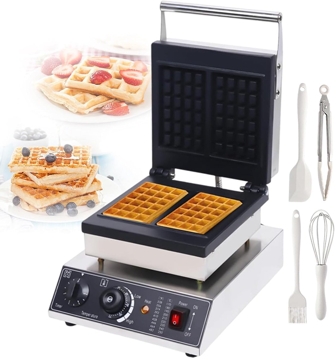 Wafelijzer Dubbel Apparaat voor Wafels Ontbijt Maken Dubbele Verwarmingsplaten 2-Slice Zilver