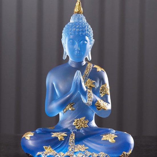 Boeddhabeeld, klein zittend Boeddhabeeldje Hars verzamelobjecten Decor, Sculptuur Ornamenten voor Huisdecoratie Fengshui, Blauw — afbeelding 3