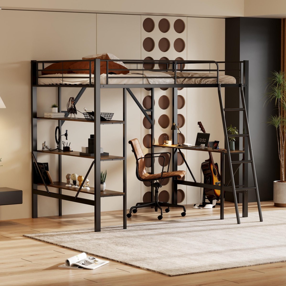 MEUNIQ Hoogslaper 90x200 cm met bureau en 3 planken, metalen bedframe met ladder en veiligheidshek, eenpersoons bed voor kinderkamer of slaapkamer, zwart