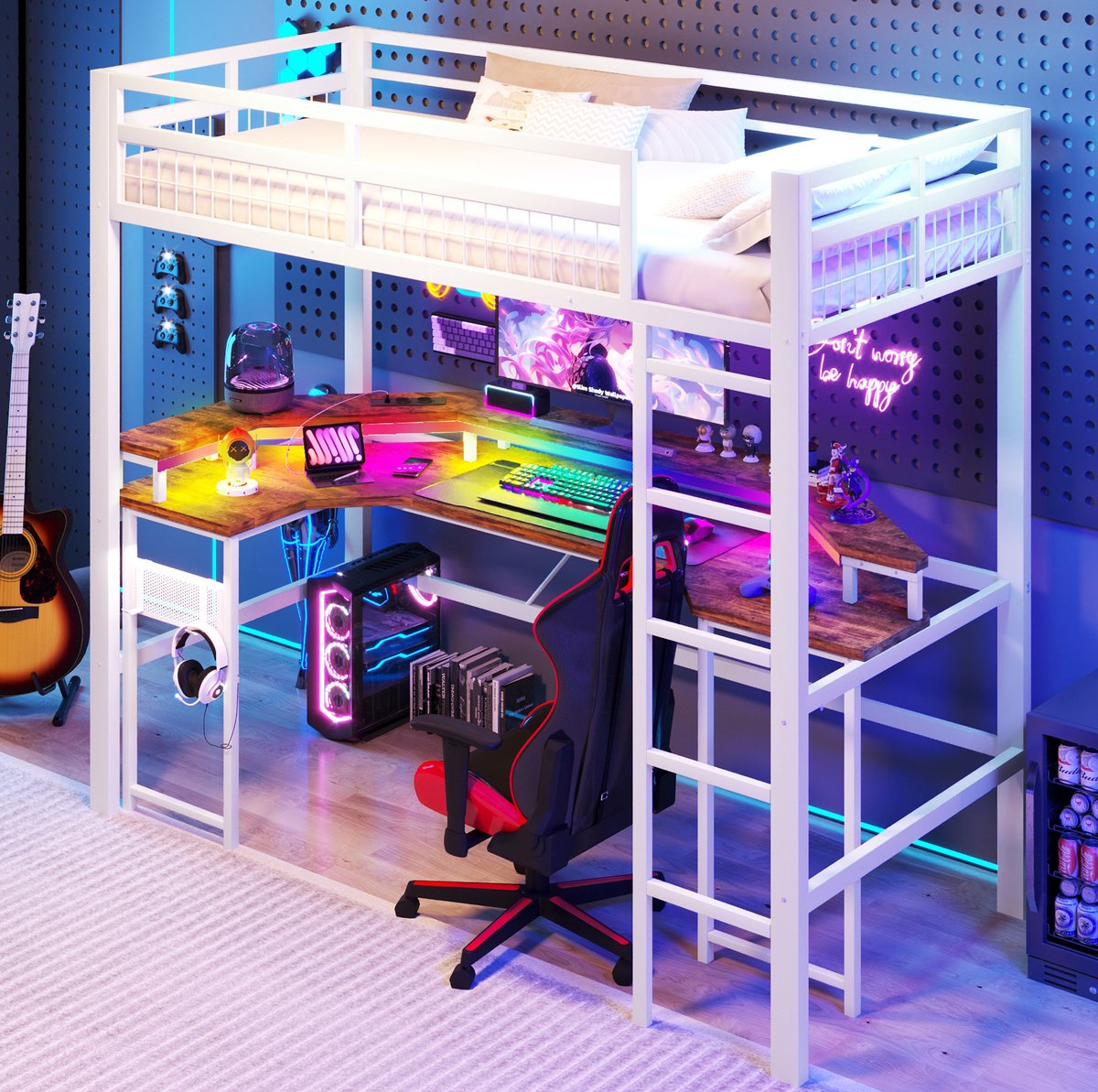 MEUNIQ Hoogslaper 90 x 200 cm met bureau, LED-verlichting, USB- en USB-C-aansluiting, pegboard-opbergruimte, metalen frame, wit