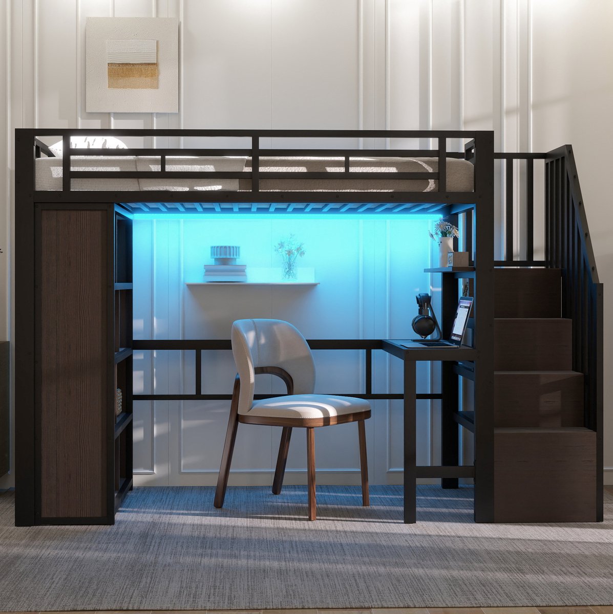 MEUNIQ hoogslaper 90 x 200 cm met bureau, opbergrekken, trap met opbergruimte en LED-lichtstrip, metalen bedframe voor slaapkamer, zwart Black