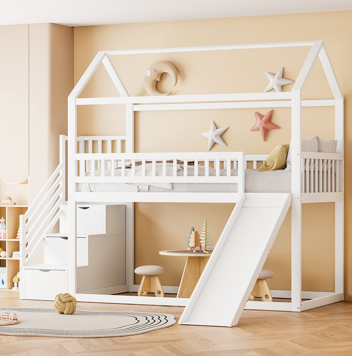 MEUNIQ Hoogslaper 90x200 cm met glijbaan, opbergladder, hoge uitvalbeveiliging en lattenbodem voor kinderkamer, wit