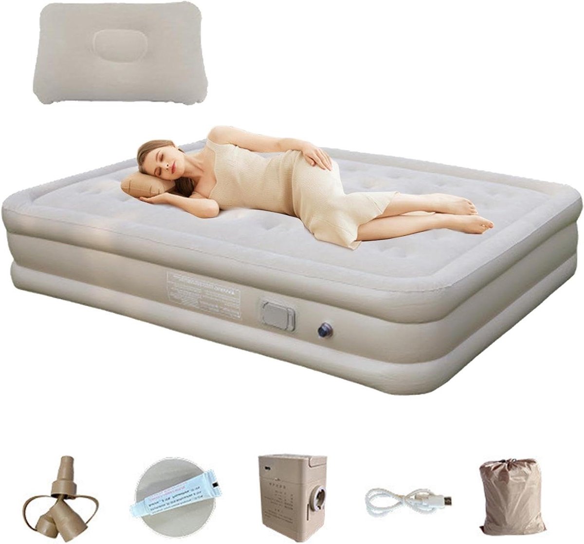 Opblaasbaar Campingmatras - Luchtbed Kamperen - Comfortabel Slapen - Ingebouwde Pomp - Twee Personen - Beige