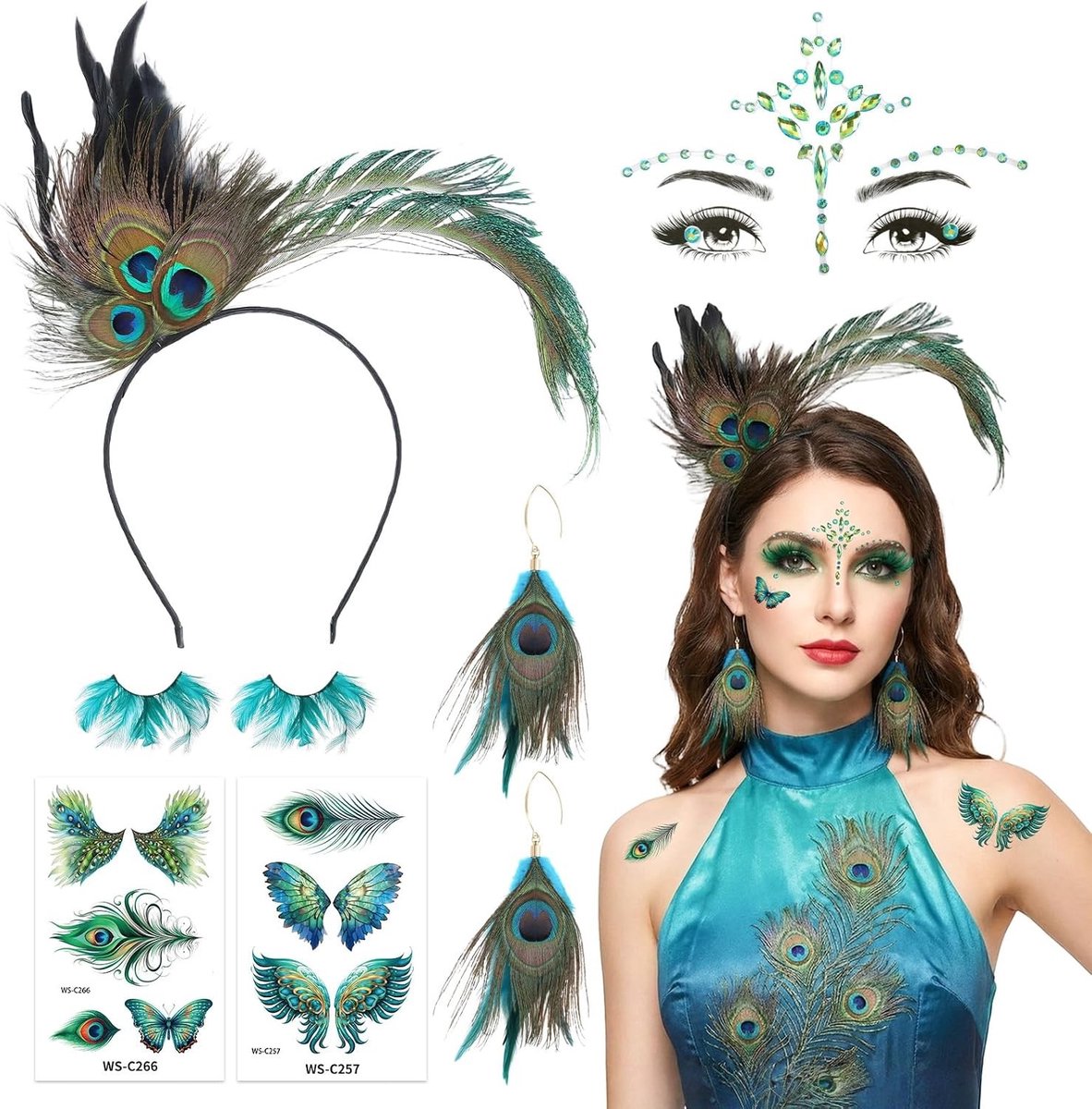 Pauw kostuumaccessoire set met 6 delen: pauwenveren, haarband, oorbellen, gezichtstickers, wimpers voor carnaval, Halloween en themafeesten
