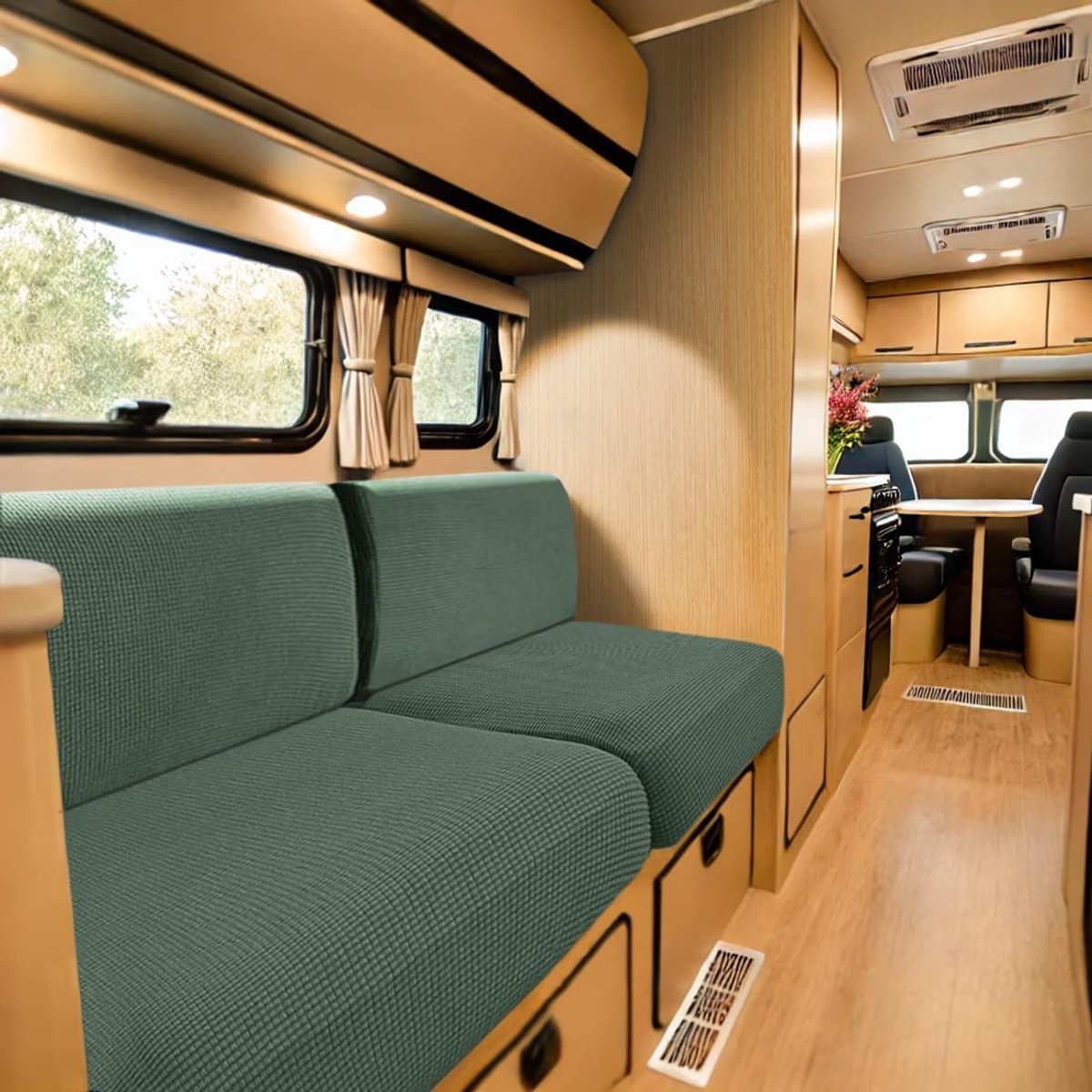 SnelShoppen - SYLC Caravan Zitkussenhoes Stretch Jacquard, Sofa Kussenhoezen Met 2 Straps Anti-slip, Kussenhoes Voor RV Auto Camper Motorhome (Groen,