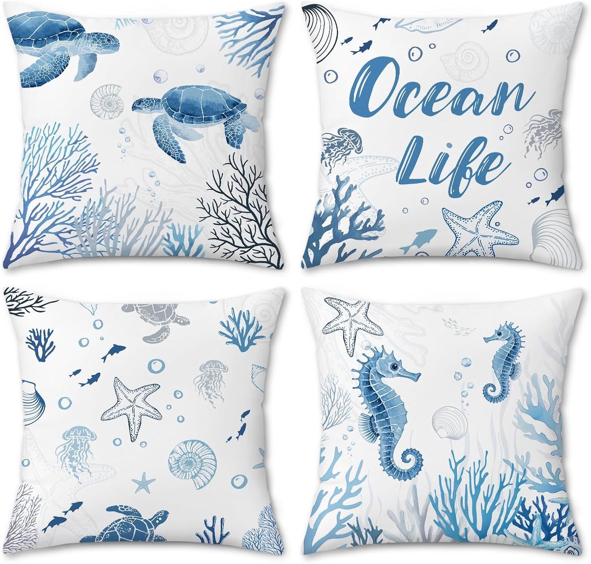 Decoratieve Kussenslopen 45x45 cm met Zeeleven, Schelpen en Zeepaardjes van Fluweel voor Woonkamer en Bank - Set van 4