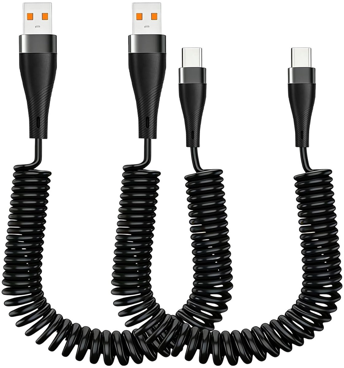 Set van 2 spiraalkabels, USB C oplaadkabel, retractable USB A naar USB C, snel opladen, 5A, 0.3-1.2m, dataoverdracht tot 40MB/s, ideale kabel voor smartphones en tablets