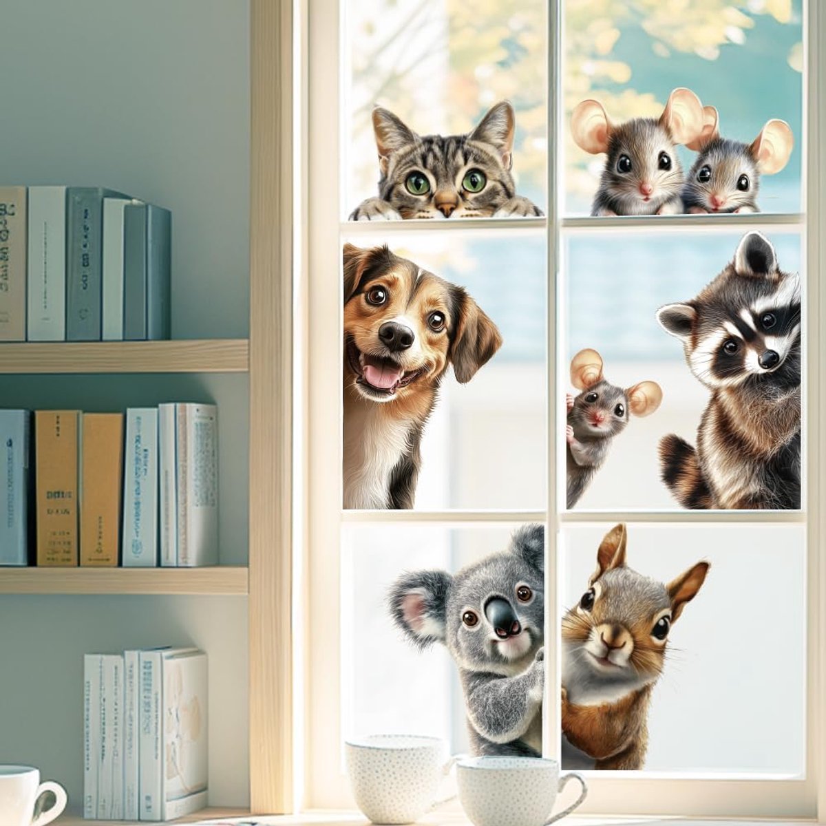 SnelShoppen - Grote Herbruikbare Raamstickers Hond Kat Eekhoorn 120x30cm Dubbelzijdige Plakstickers voor Glasramen, Decoratie voor Thuis, Kantoor, Keu