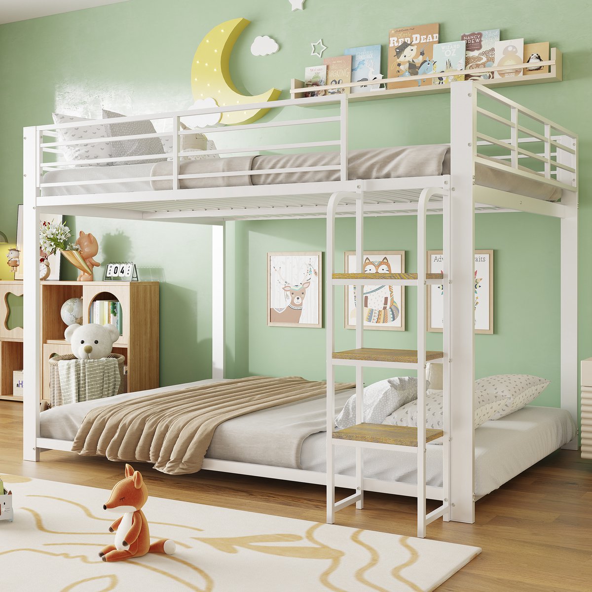 PHOEBE CAT Stapelbed - 140 × 200 cm - Metalen frame - Houten trapvormige opbergrek - Kinderbed - Wit