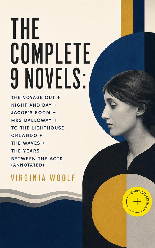 Couverture de livre intitulée 'The Complete 9 Novels' de Virginia Woolf. Portrait de l'auteur à droite avec des formes géométriques en arrière-plan.