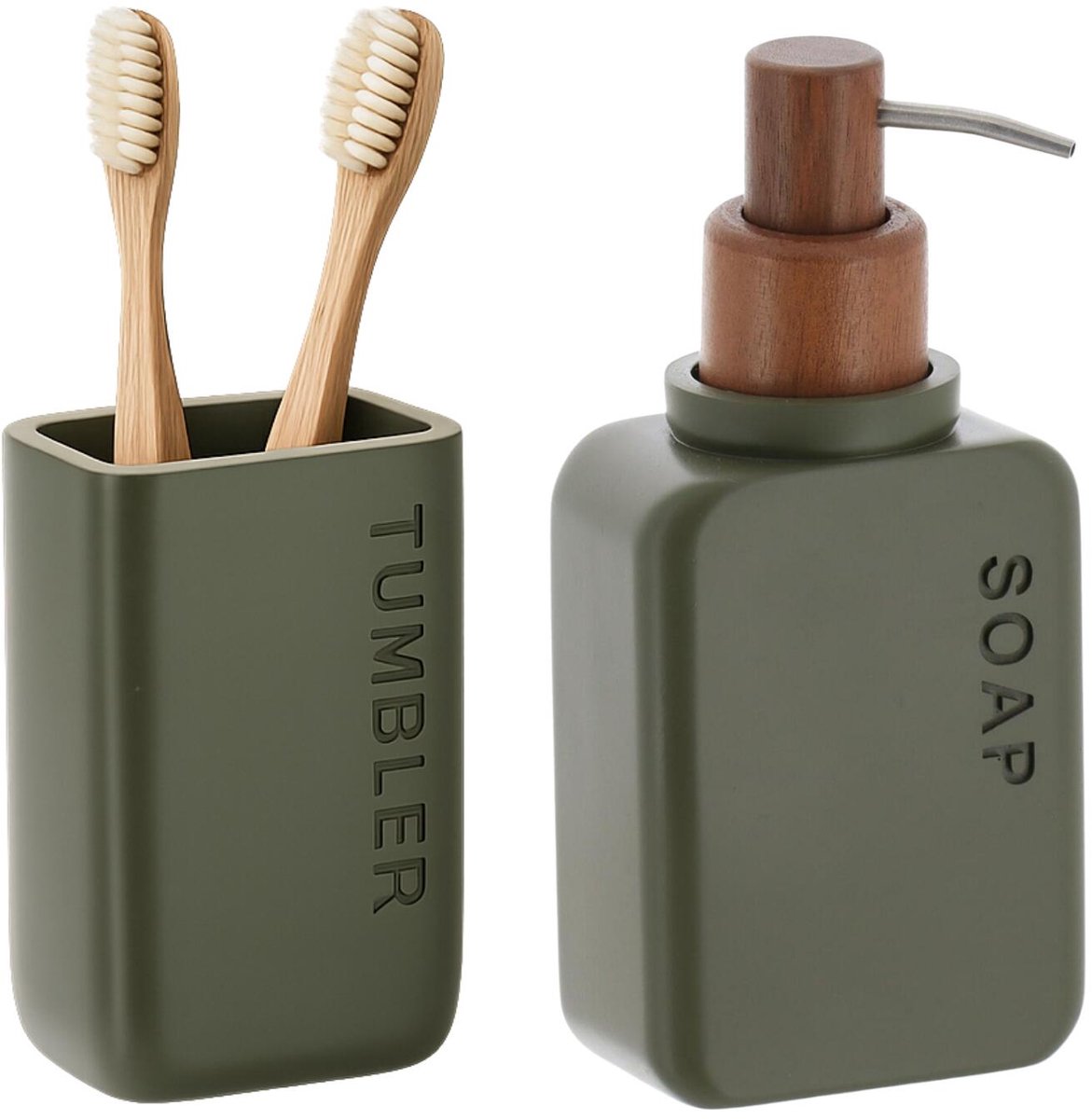 Tendance badkameraccessoires set london - groen - kunststof - zeeppomp/tandenborstelhouder