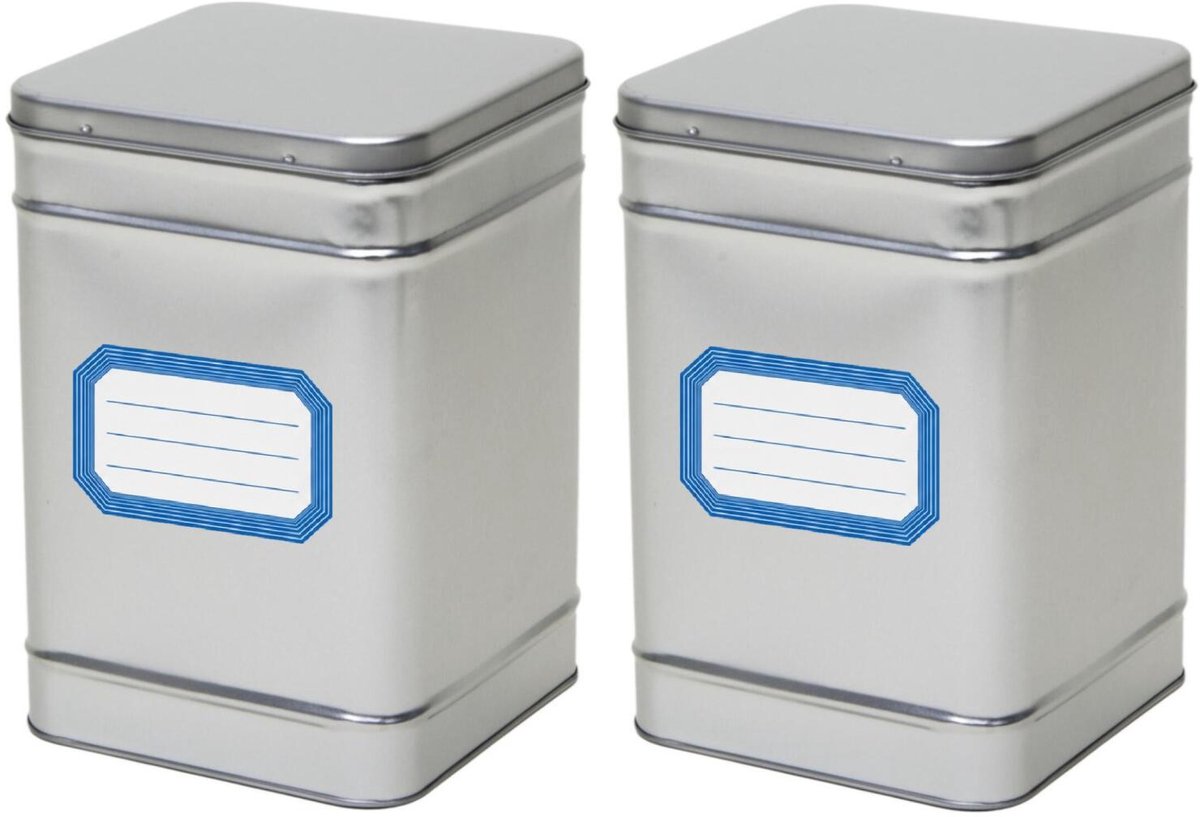 Bellatio Design 2x stuks opbergblikken van metaal - bewaarblik - zilver - 14 x 21 cm - met etiketten blauw van 8.2 x 5.5 cm