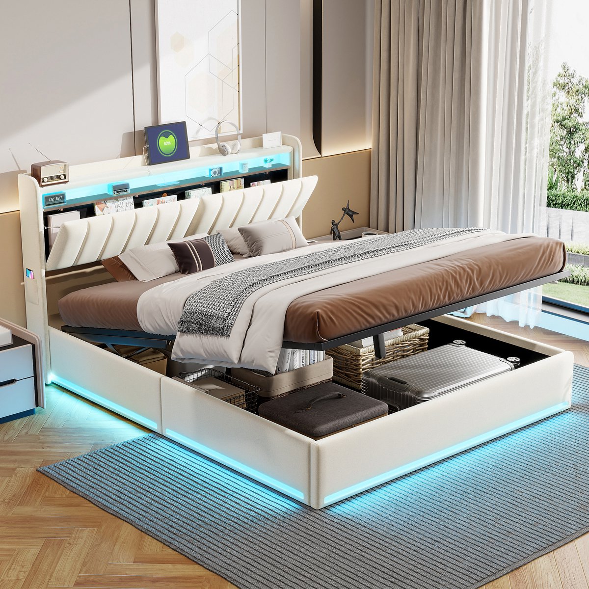 Opbergbed 140x190 Beige – Velvet Gestoffeerd Bed met LED Verlichting & USB-C – Hydraulisch Bed met Hoofdbord Opbergruimte