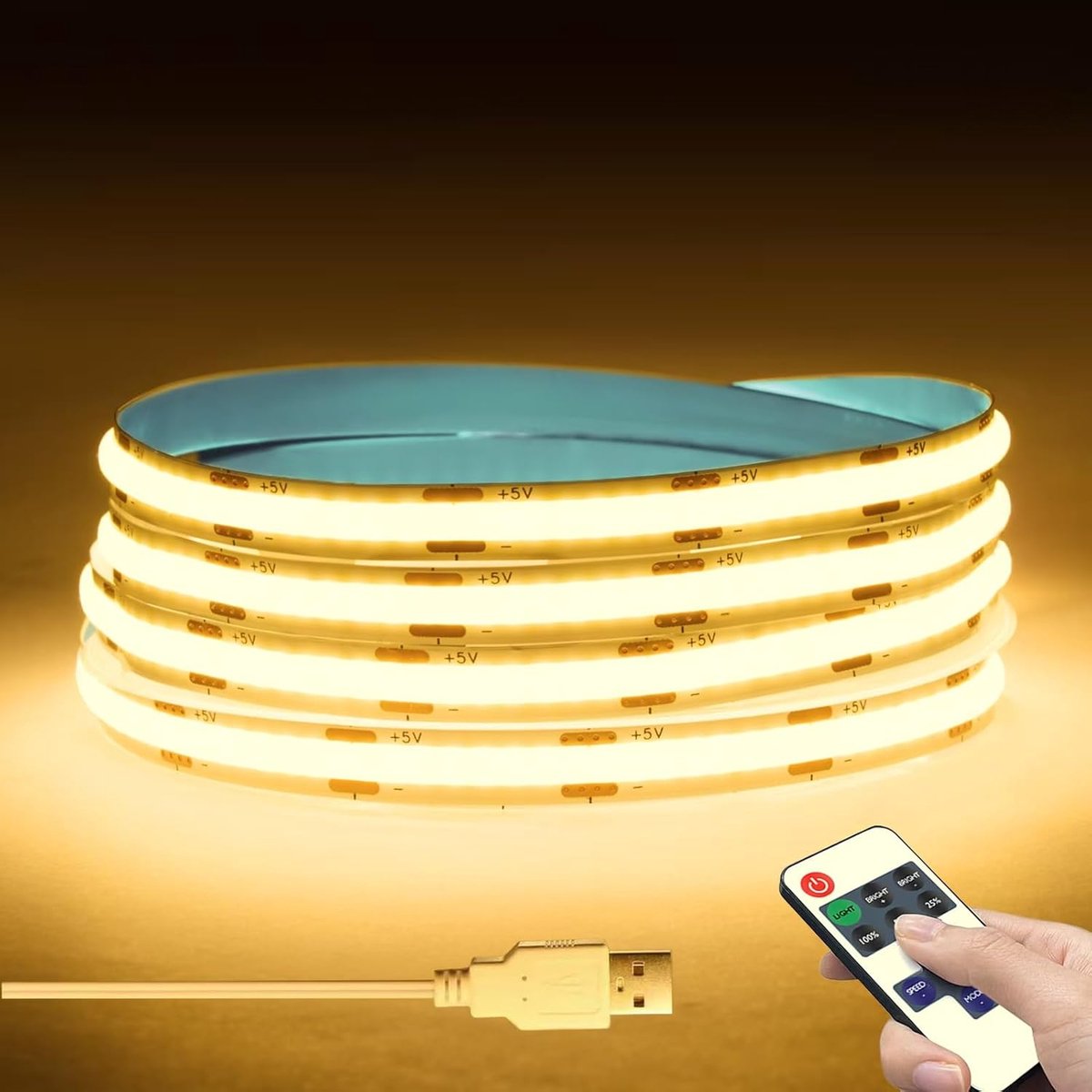 SnelShoppen - 2M Warm Witte COB LED Strips met USB Dimbare Verlichting en Afstandsbediening voor Keuken, Slaapkamer en Woonkamer