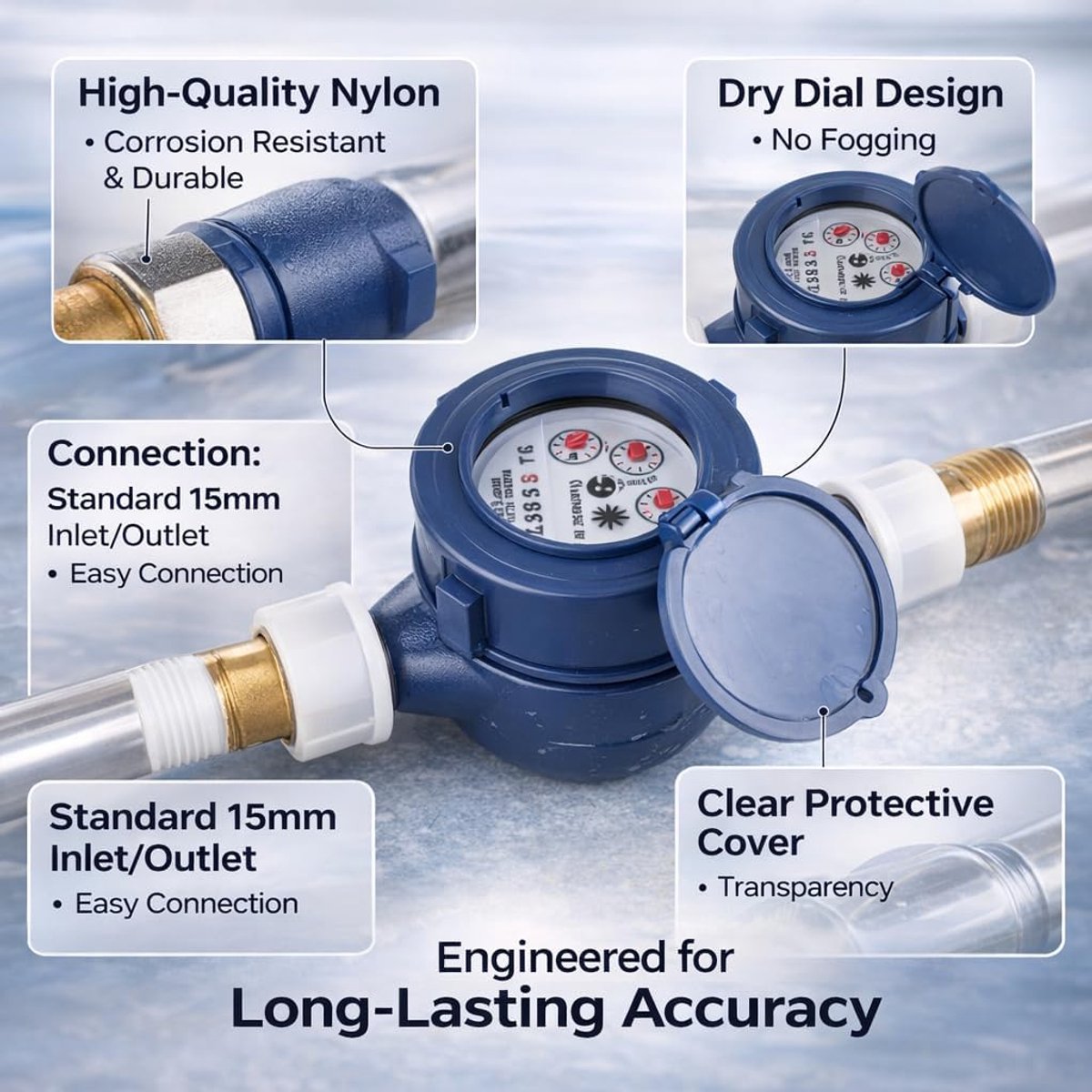 SnelShoppen - Cold Water Meter 15MM - Watermeter voor Tuin en Huisgebruik - Duurzaam Nylon, Corrosiebestendig, Inclusief 6 Accessoires