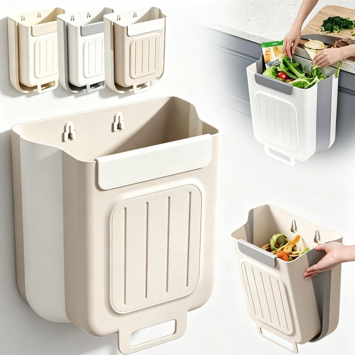 Prullenbak - Keuken prullenbak - 10L - Opvouwbare prullenbak - Prullenbak keukenkastje - Ophangbaar - Ruimtebesparend - Zonder boren - Voor keukenkastje en aanrecht - M-27.5*25*8.3cm - Lichtbruin