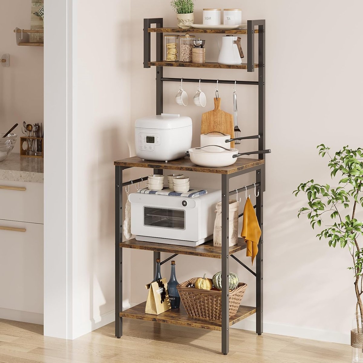 SnelShoppen - Keukenrek Staand 60 cm x 42 cm x 148 cm met 8 Haken, Stalen Frame Rustiek, Magnetronrek en Opbergruimte voor Kookaccessoires en Huishoud