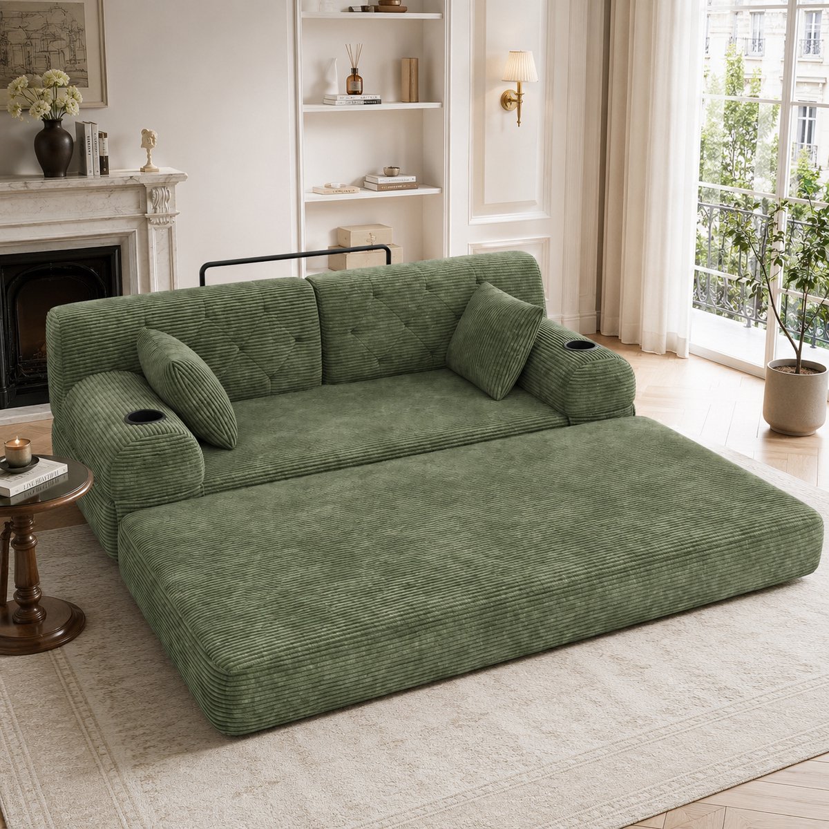 2 Zits Slaapbank - Corduroy Bank Met Bekerhouder - Hoge Rugleuning - Groen