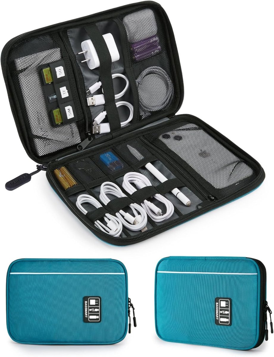 Handige Reistas voor Elektronica, Ideaal voor Opladers, Powerbanks, USB-Sticks en SD-Cards, Blauw, 24 × 17 × 3.5 cm