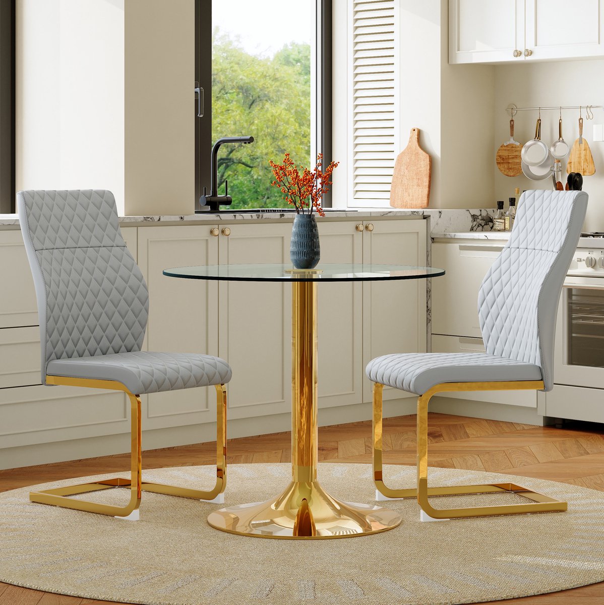 REDOM - Set tafel en stoelen - Ronde glazen tafel met 2 stoelen - Gehard glas en metalen frame - Modern - Eethoek - Metaal - Goud Lichtgrijs Transparant - 85 x 85 x 100 cm
