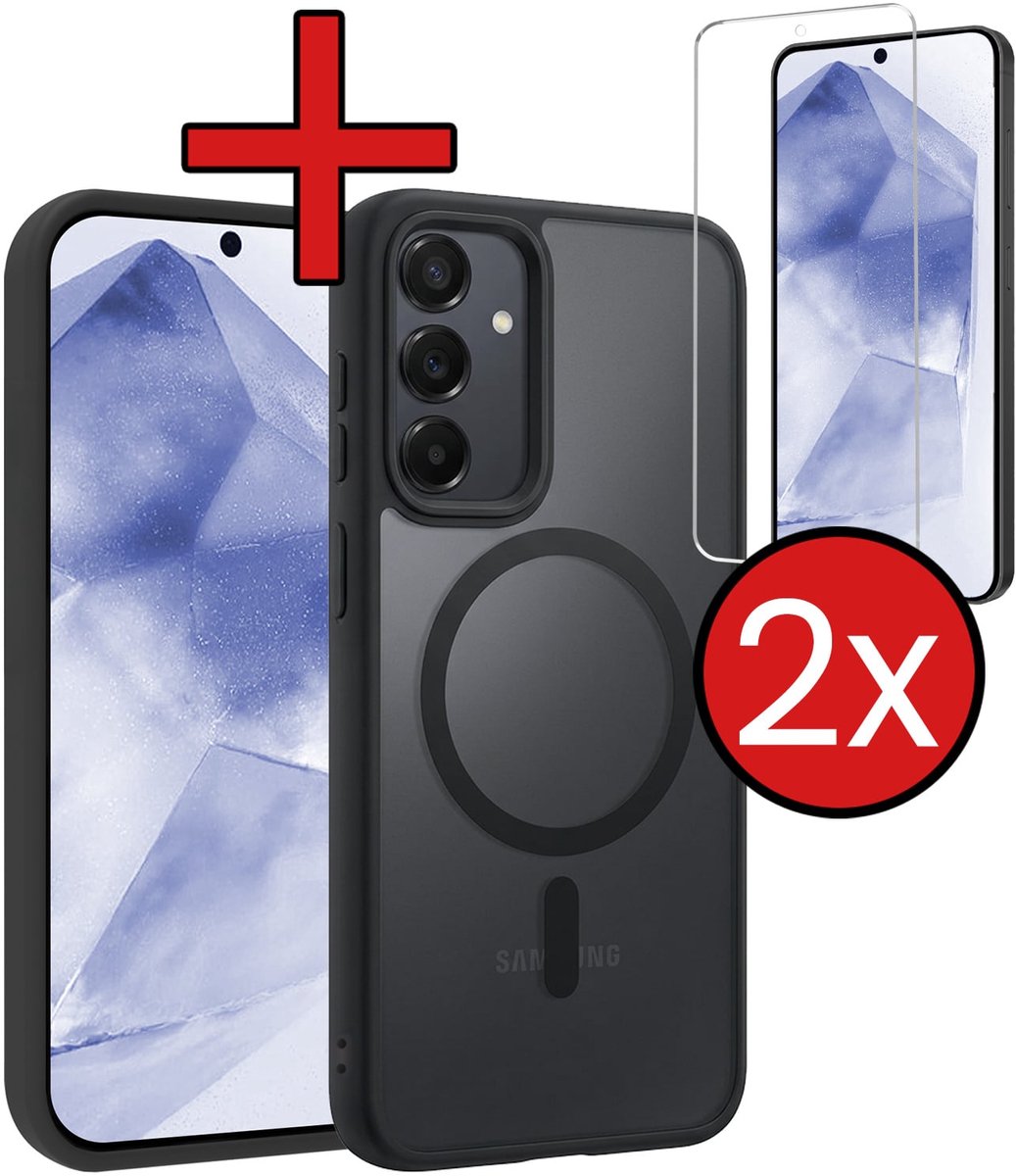 Hoesje - Met 2x Screenprotector - Geschikt voor Samsung Galaxy A55 - Magsafe Compatible - Sterk & Shockproof - Shock Proof Case - Back Cover - Telefoon Hoes - Telefoonhoes - Zwart