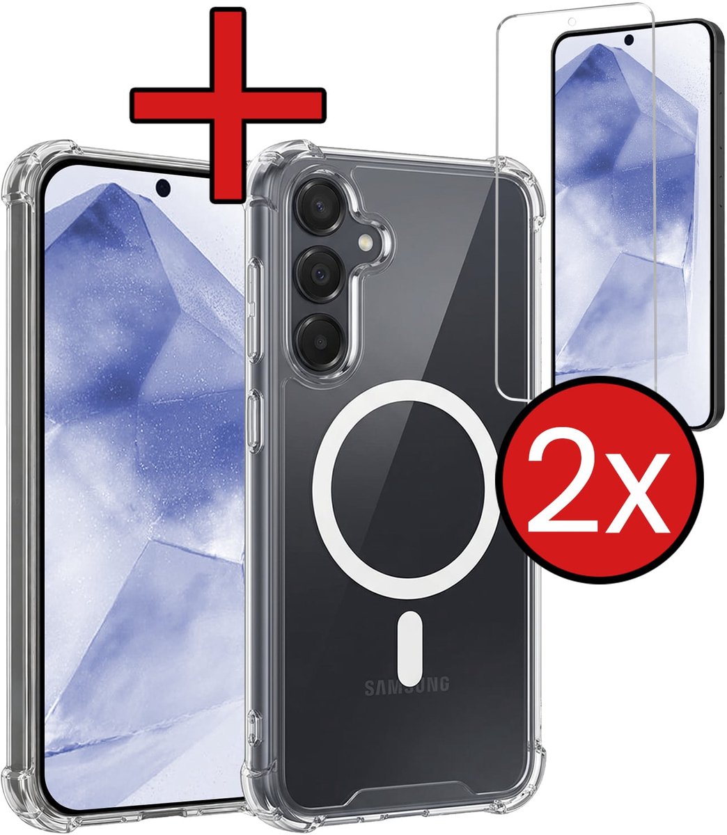 Hoesje - Met 2x Screenprotector - Geschikt voor Samsung Galaxy A55 - Magsafe Compatible - Sterk & Shockproof - Shock Proof Case - Back Cover - Telefoon Hoes - Telefoonhoes - Transparant