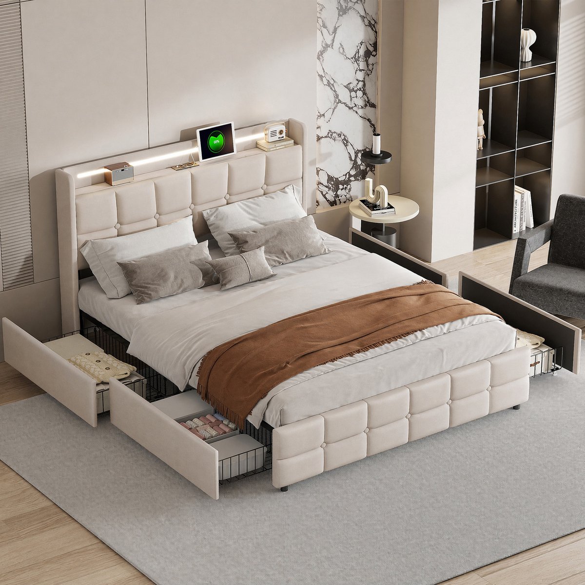 Gestoffeerd Bed 140x190 Beige met LED & USB – Linnen Tweepersoonsbed met 4 Opberglades – Bedframe met Hoofdbord en Stopcontact