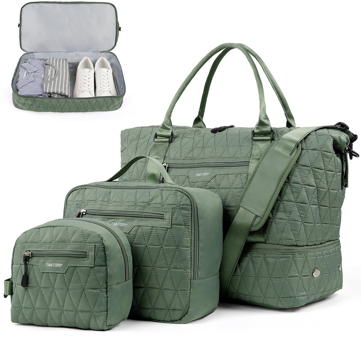 TANTOMI - Reistas - Handbagage Tas voor dames en heren - 46x23x35 cm - met make-uptas & toilettas - met schoenenvak - voor reizen, fitness, dagelijks gebruik en ziekenhuis - Weekendtas - Sporttas - Groen