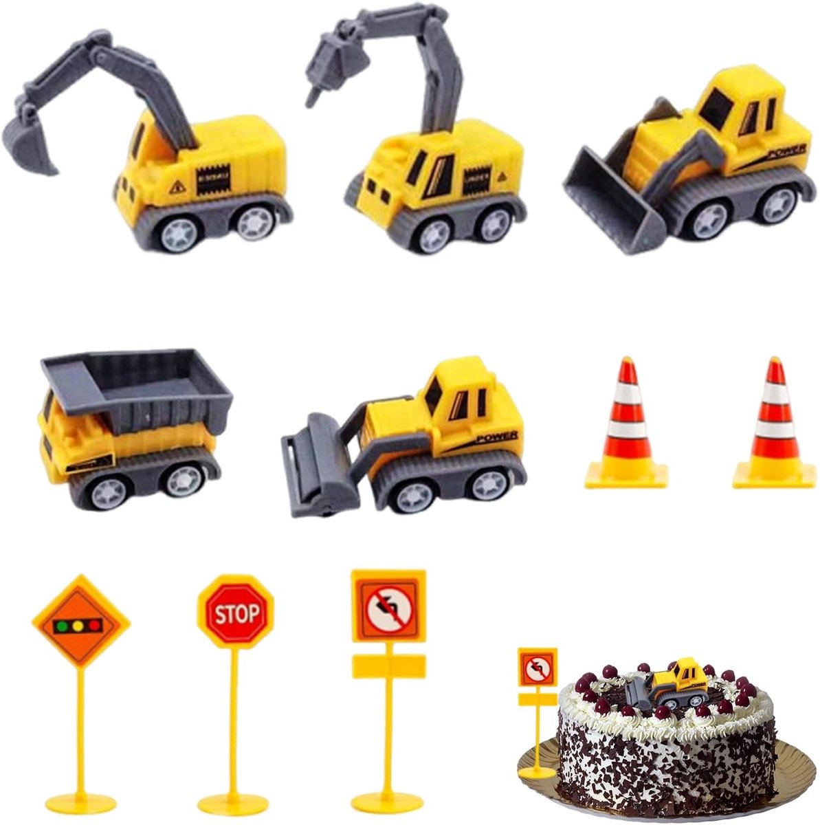 10 stuks graafmachine decoratie voor kinderverjaardag, mini bouwplaatsvoertuigen voor kinderen, taartdecoratie graafmachine, bouwvoertuig set, bouwplaatsborden voor feest jongen meisje 2 3 4 5 jaar