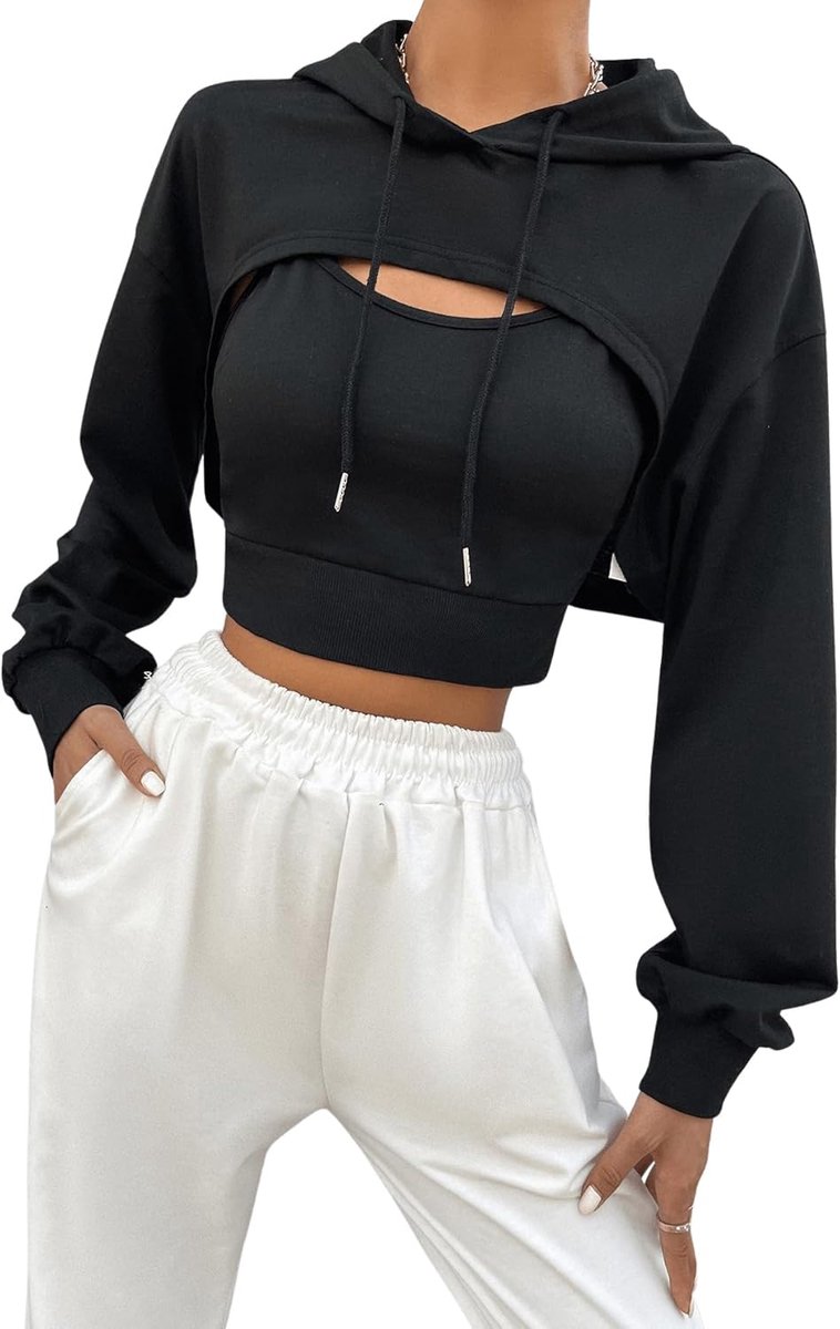 Super Crop hoodie voor dames met onder, 2-in-1 capuchontrui met lange