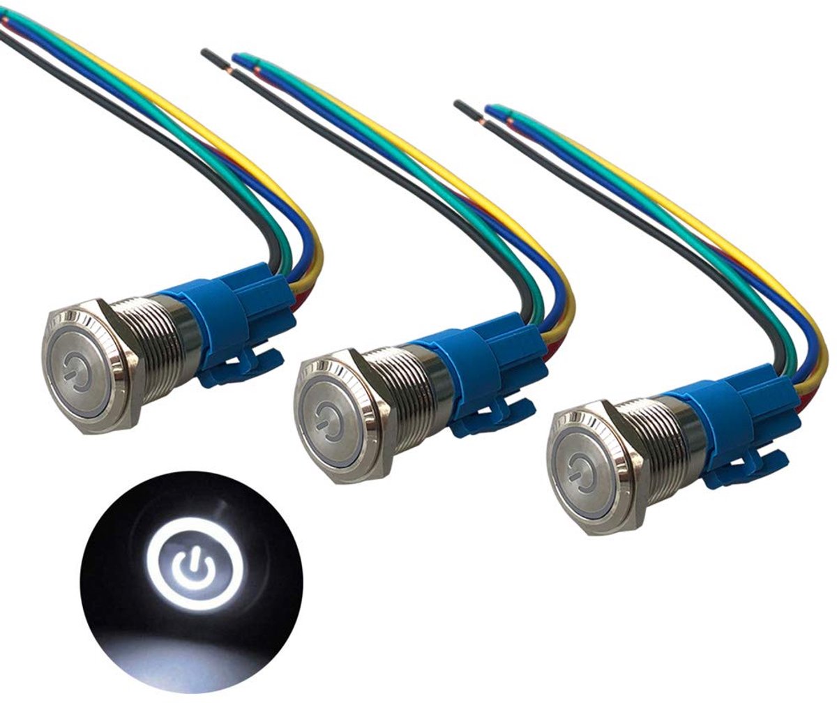 3 stuks premium 12V/24V 5A zelfsluitende vergrendelende drukknopschakelaar, 16 mm auto-ontsteking startschakelaar, wit LED-licht roestvrij staal IP67 waterdichte schakelaar met socket plug