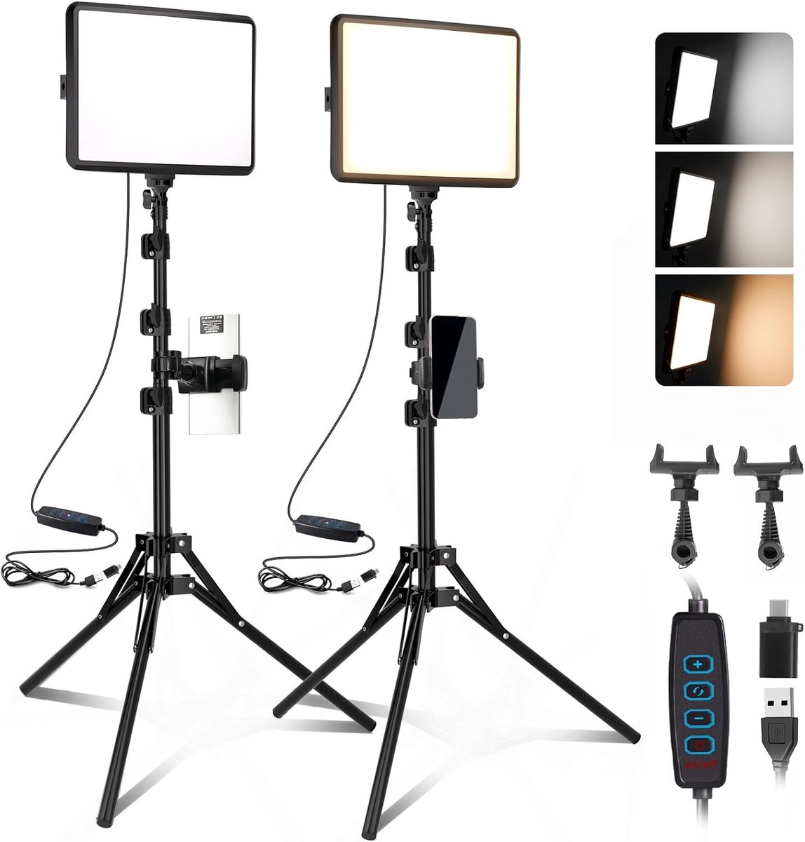 25 cm x 20 cm Fotolamp, Set Van 2 Led-Video Verlichting Spanelen, Set 2800-6500 K Met USB/Telefoonhouder, 185 cm Dimbare Fotografie-Verlichtingsset Voor Portret/TikTok (2 Stuks)
