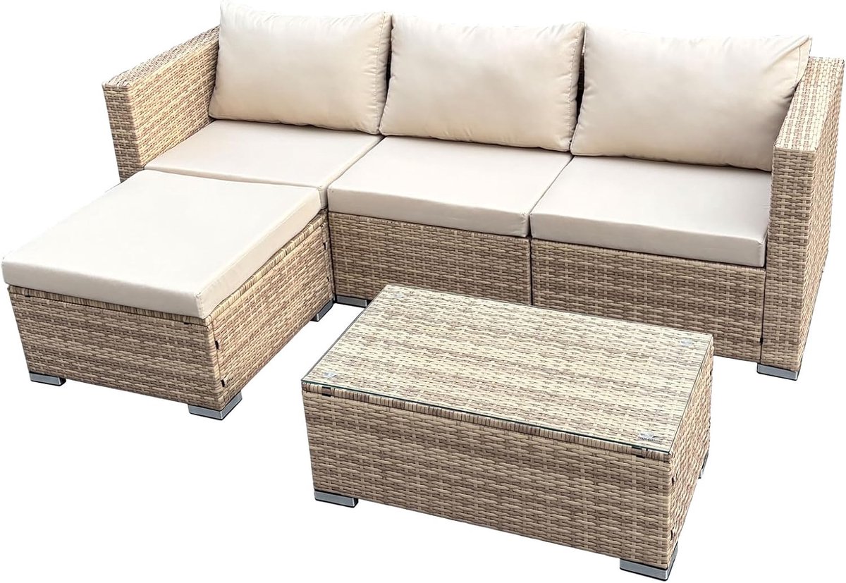 Queens tuinlounge 5-delig polyrotan loungeset weerbestendig tuin terras balkon incl. kussens glazen tafel Beige