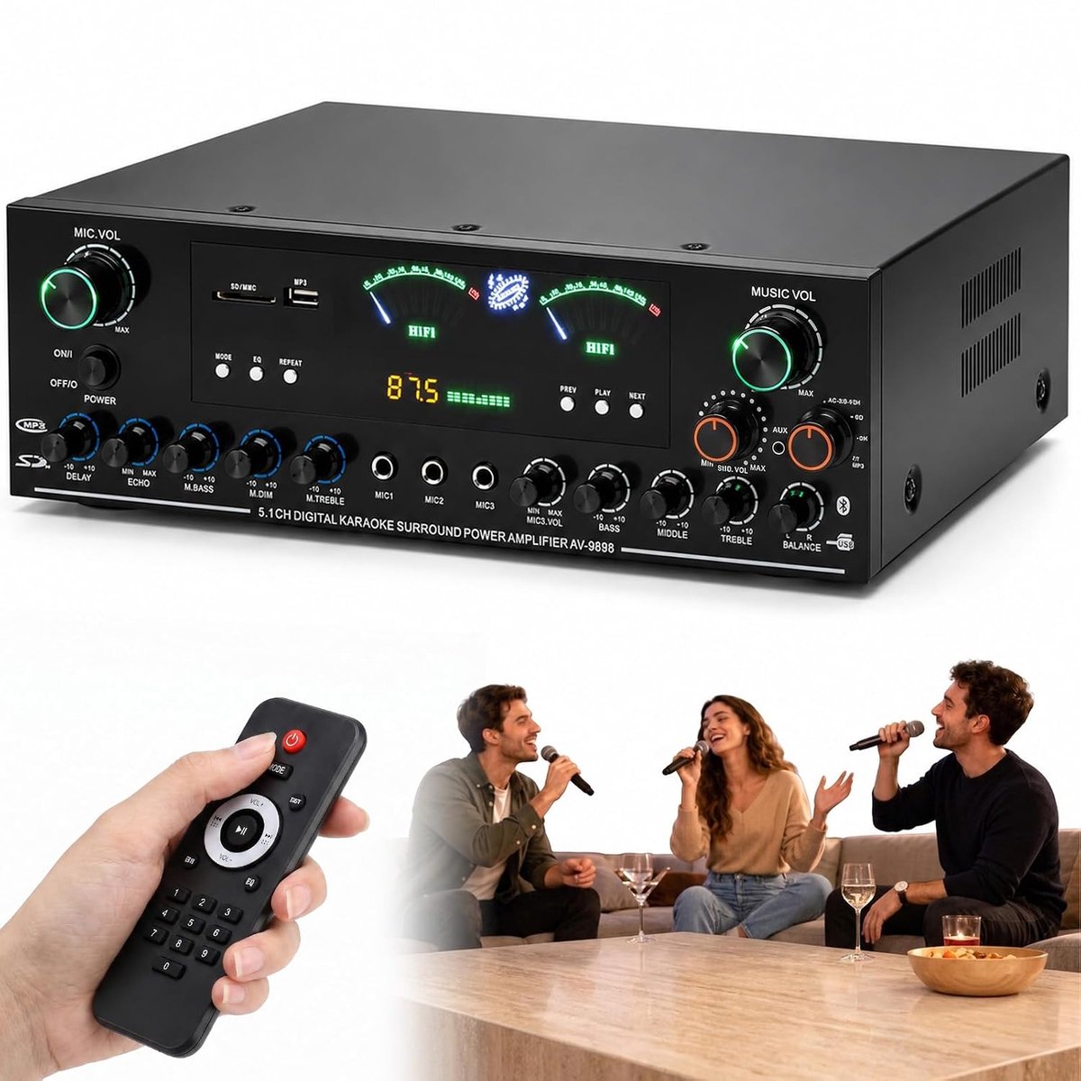 5.1 kanaals HiFi stereo versterker - 3000W piekvermogen - subwoofer en Bluetooth 6.0 - perfect voor thuisbioscoop - ShopVlot