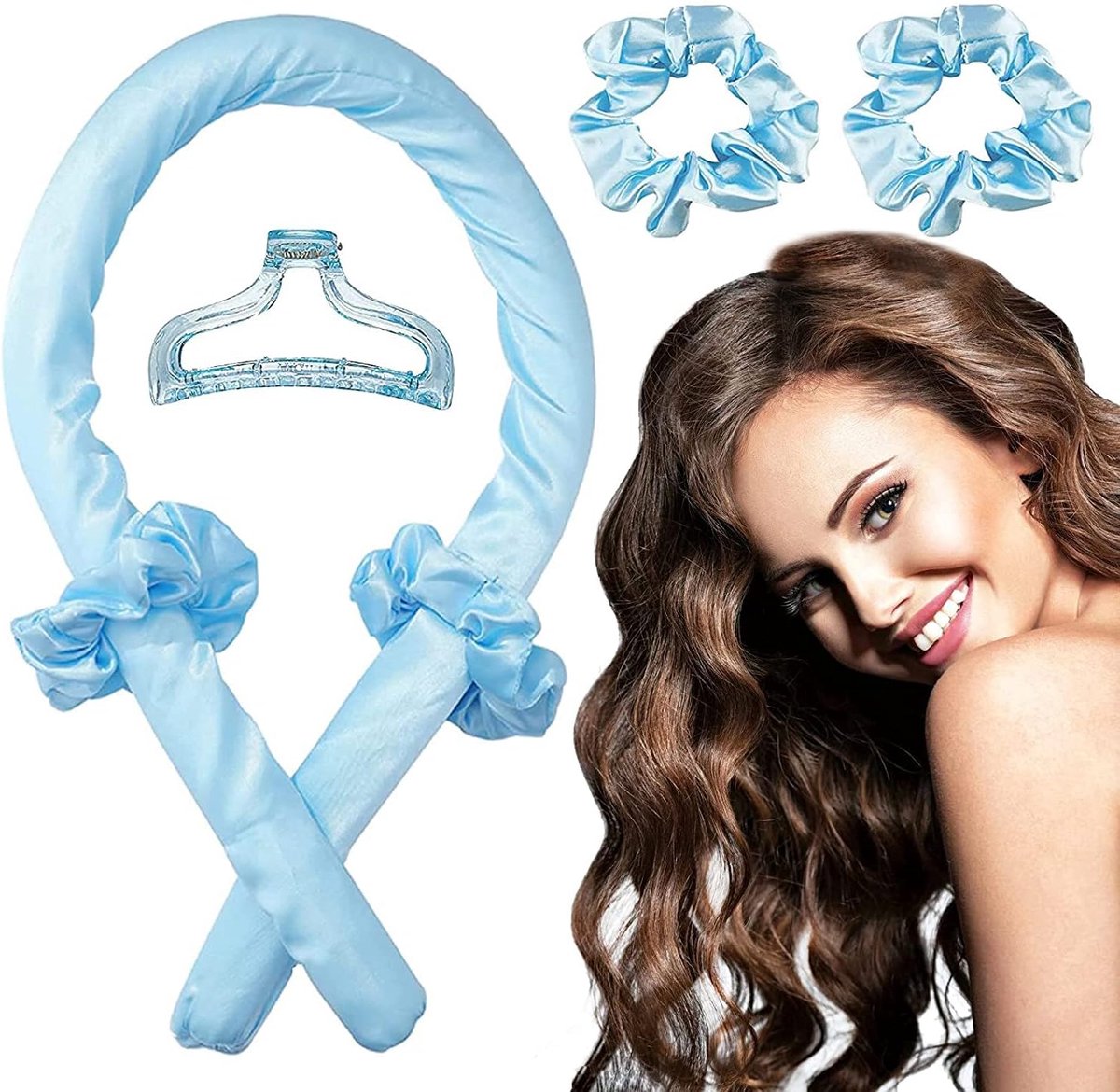 Krulspelden 's nachts zonder hitte voor lang haar | Curler haarband zacht om te slapen voor grote krullen set incl. 2 x haarelastiek + 1 x haarclip (blauw)