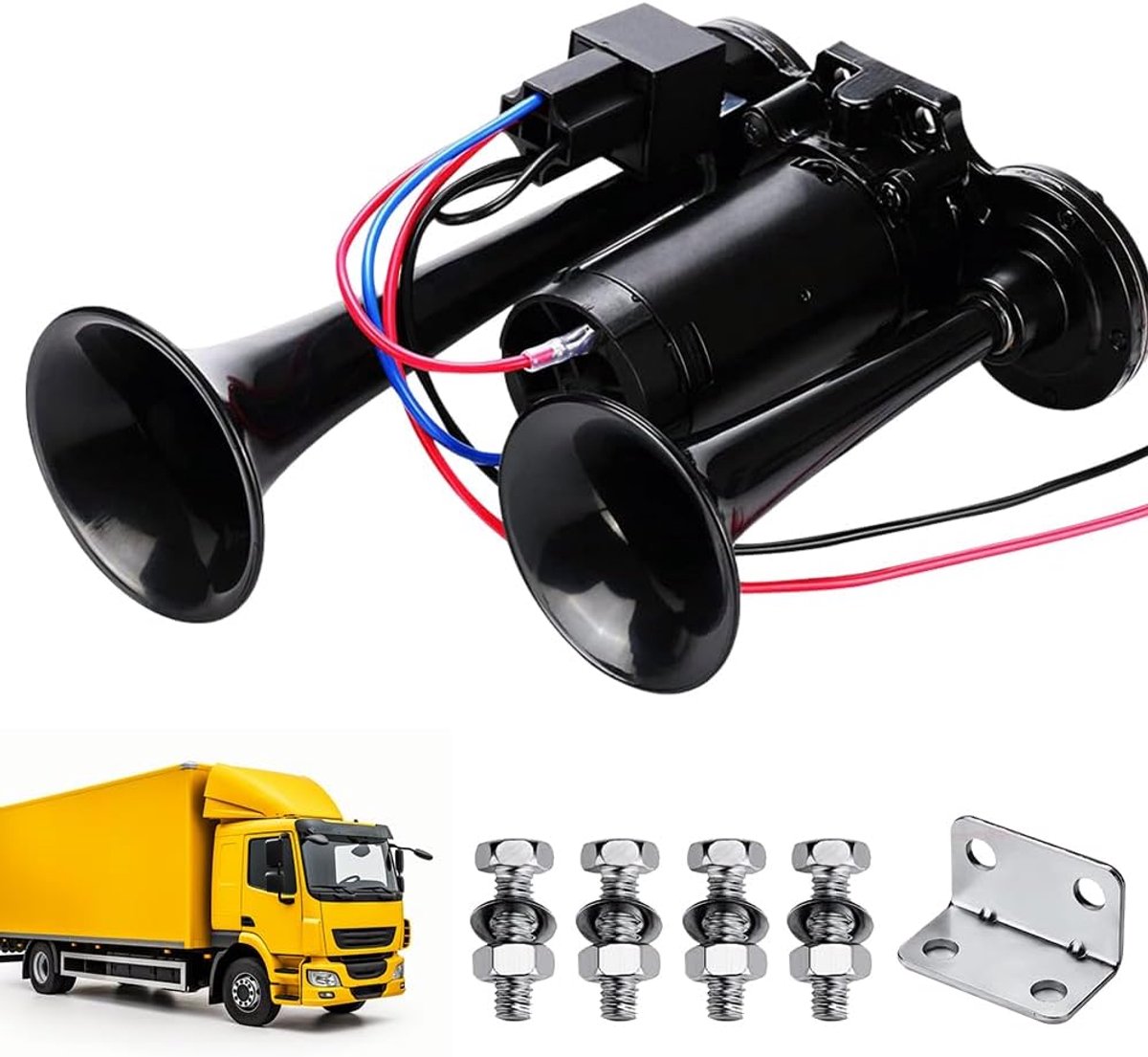 Luchthoorn, 12 V, 150 dB, autoclaxon, met compressor en knop, dubbele buis, luchthoorn, 12 V, chroom zink, dual-trompet luchthoorn voor personenauto's, vrachtwagens, boten, motorfietsen