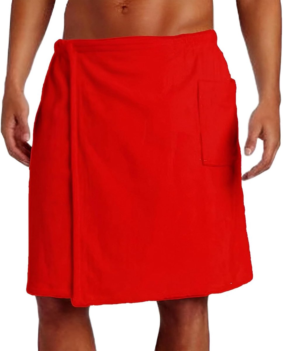 badhanddoek voor heren - draagbare handdoekrok met zak voor sportschool, douche, sauna, spa en strandbedekking, rood, L