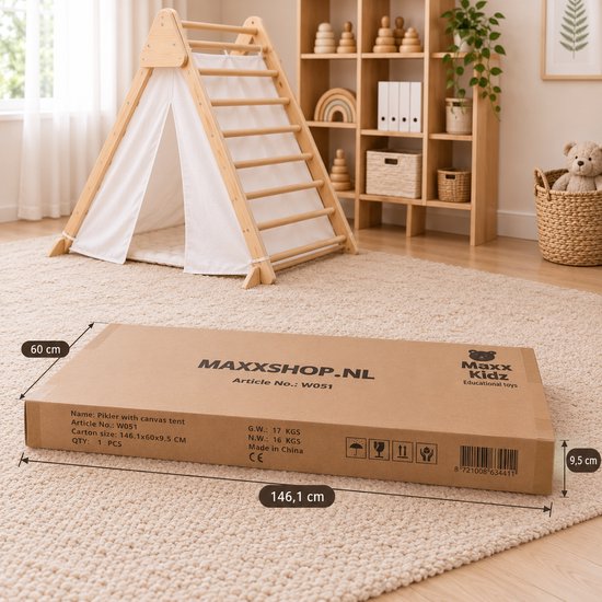 Maxx kidz - Houten Klimrek- 2 in 1 - Pikler Speeltoestel voor Binnen en Buiten - Tipi tent - Klimdriehoek met Doek - Tipi tent met klimrek - Hout Peuter Speelgoed van Maxx Kidz — afbeelding 2