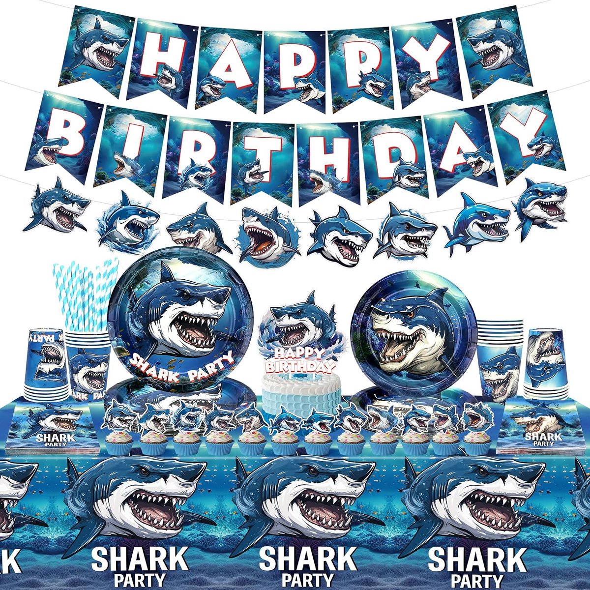 Shark verjaardagspartij decoratie - shark thematische feestartikelen - ballonnen, borden, bekers - ShopVlot