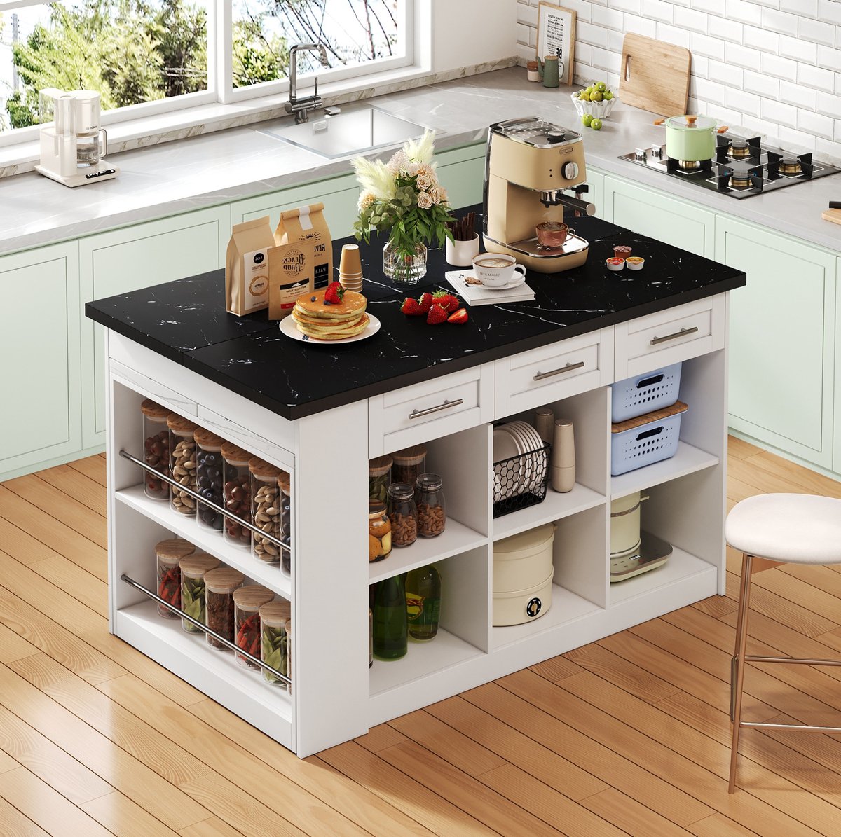 MIVRAY Keukenkast - Uitschuifbare Eettafel En Veel Opbergruimte - Modern Voor Keuken En Familie - MDF - Wit Met Zwart Marmer - 150 X 90 X 90 Cm
