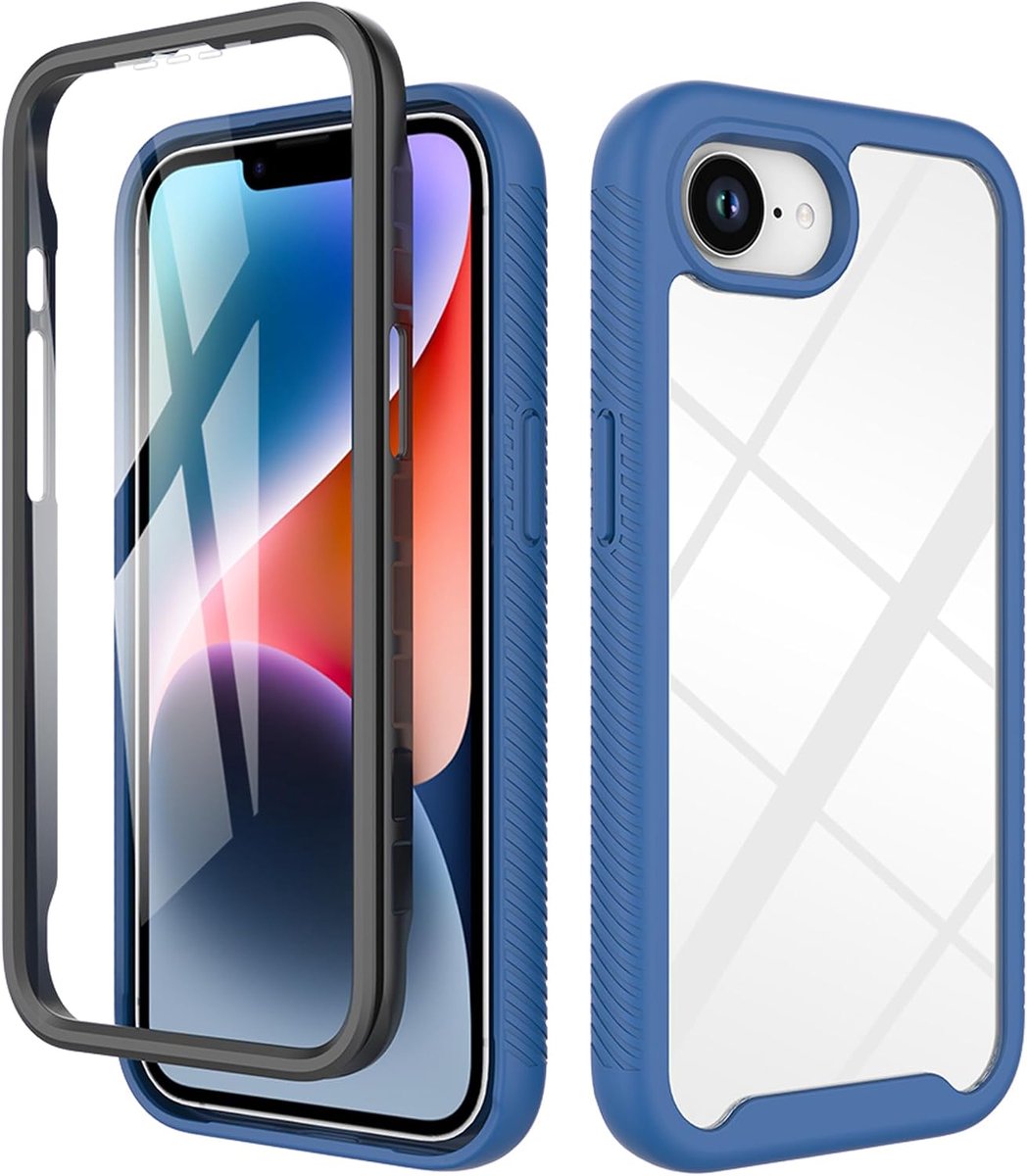 Case for iPhone 17e/iPhone 16e, Silicone & PC Hybrid Full-Body Armour Built-in Screen Protector and PC Bumper Military Grade 360° Shockproof Cover, Dark Blue