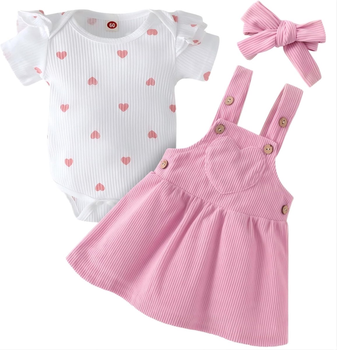 Babykleding voor meisjes van 0-18 maanden, zomer, 3-delige set, body met korte mouwen + jurk met bandjes + hoofdband, liefdesprint, pasgeboren outfit, cadeau voor geboorte, meisjes, uitgaan