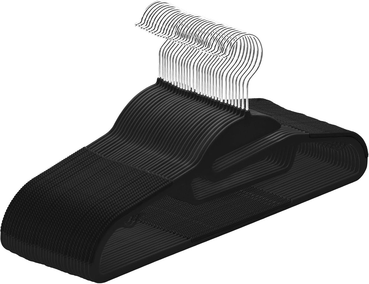 Set van 30 plastic kleerhangers, zware broekhangers, ruimtebesparende kledinghangers met S-vormige opening, antislip, 360º draaibare haak, 41,4 cm L x 0,5 cm B x 22,6 cm H, zwart, UAPY0430B