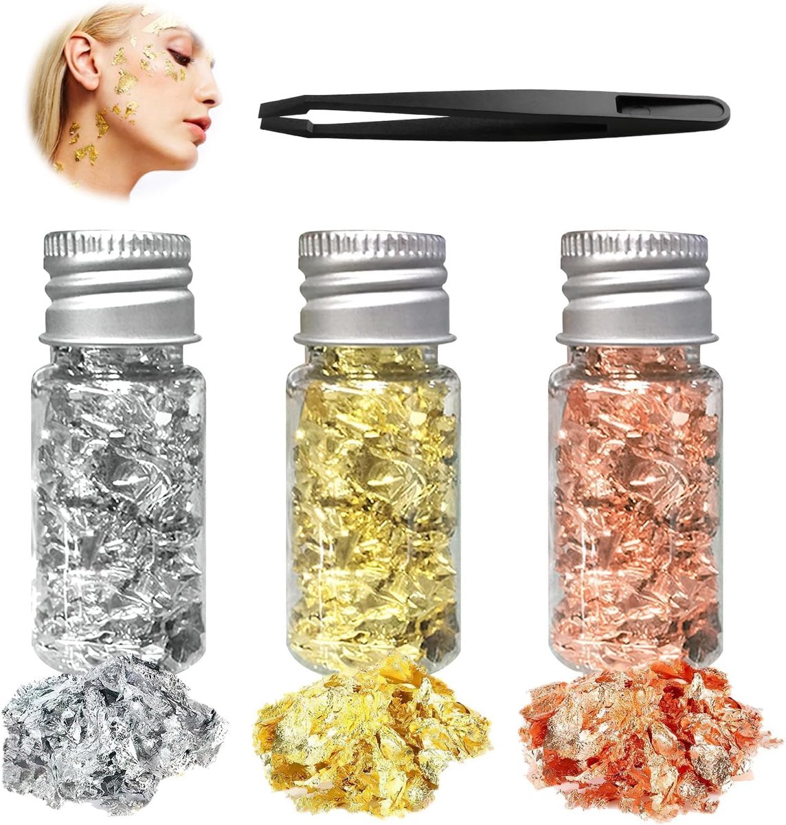 Bladgouddecoratie, 3 flessen bladgoudvlokken, 3 kleuren bladzilver/bladgoud/roségoud, voor nail art, make-up, kunstschilderen, doe-het-zelf en andere decoratieve doeleinden